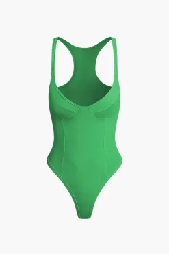 Basic Solid Deep-V Neck Bustier Bodysuit