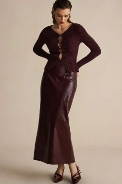 Basic Solid Faux Leather Midi Skirt