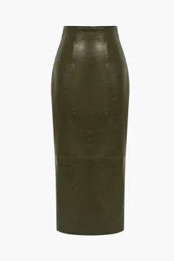 Basic Solid Faux Leather Midi Skirt