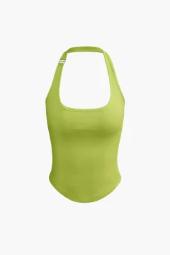 Basic Solid Halter Curved Hem Tank Top