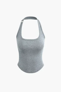 Basic Solid Halter Curved Hem Tank Top