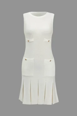 Basic Solid Knit Button Decoration Pleated Dress