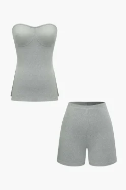 Basic Solid Knit Split Strapless Top And Shorts Set