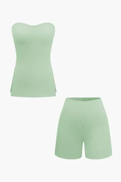 Basic Solid Knit Split Strapless Top And Shorts Set