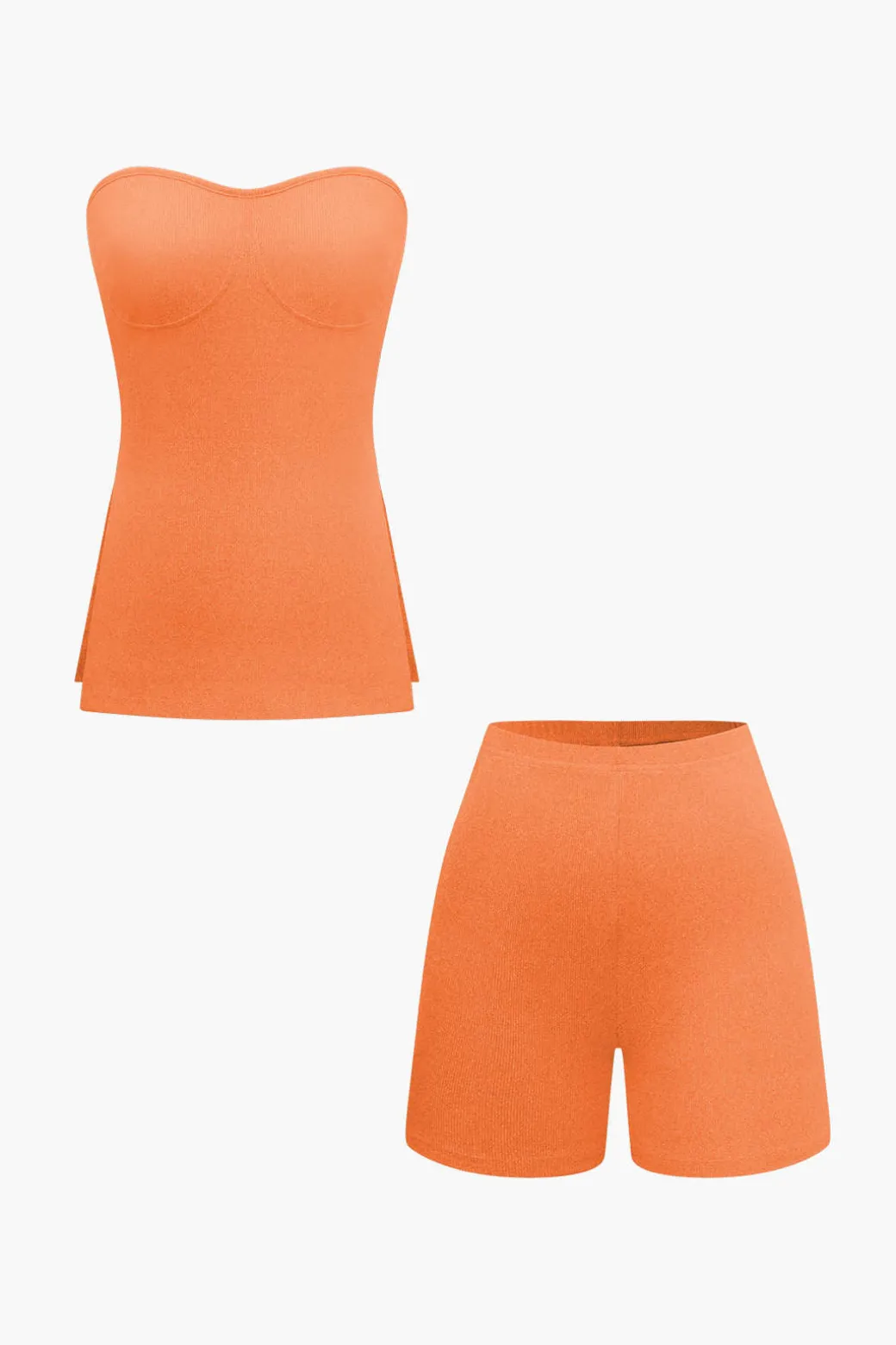 Basic Solid Knit Split Strapless Top And Shorts Set