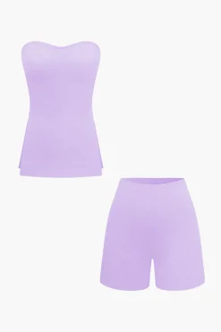Basic Solid Knit Split Strapless Top And Shorts Set
