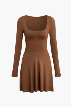 Basic Solid Long Sleeves U-Neck A-Line Mini Dress