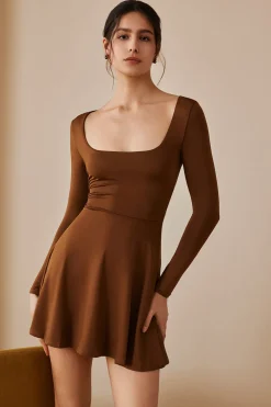 Basic Solid Long Sleeves U-Neck A-Line Mini Dress