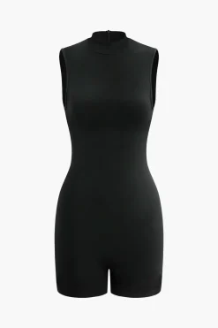 Basic Solid Mock Neck Unitard Sleeveless Romper