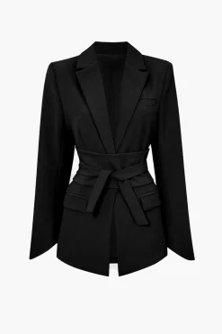Basic Solid Notched Lapel Belted Blazer