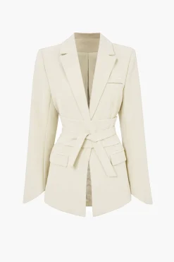 Basic Solid Notched Lapel Belted Blazer