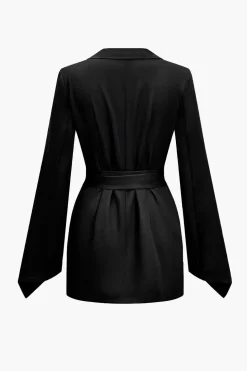 Basic Solid Notched Lapel Belted Blazer