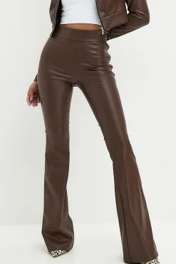 Basic Solid Pu Leather High-Waisted Flared Trousers