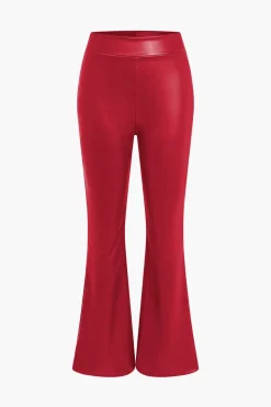 Basic Solid Pu Leather High-Waisted Flared Trousers