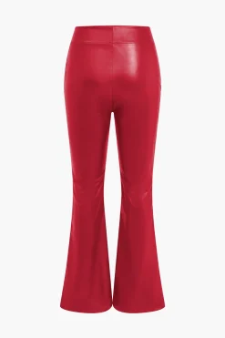 Basic Solid Pu Leather High-Waisted Flared Trousers
