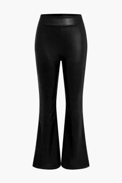 Basic Solid Pu Leather High-Waisted Flared Trousers