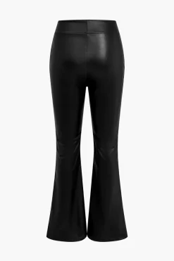 Basic Solid Pu Leather High-Waisted Flared Trousers