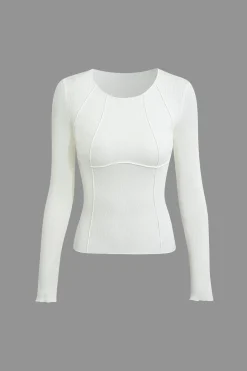 Basic Solid Round Neck Ribbed Long-Sleeve Top
