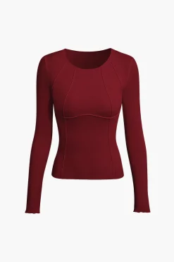 Basic Solid Round Neck Ribbed Long-Sleeve Top