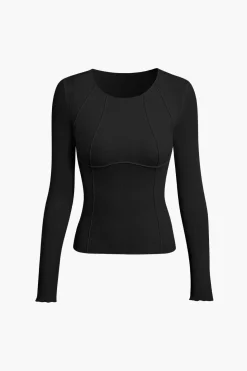 Basic Solid Round Neck Ribbed Long-Sleeve Top