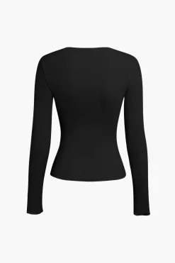 Basic Solid Round Neck Ribbed Long-Sleeve Top