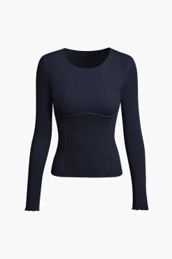 Basic Solid Round Neck Ribbed Long-Sleeve Top