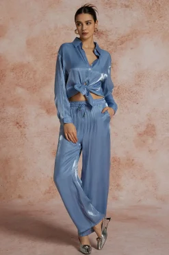 Basic Solid Shiny Shirt And Loose Trouser Set