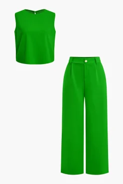 Basic Solid Sleeveless Top And Straight Leg Pants Set