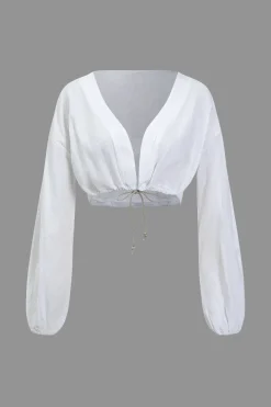 Basic Solid V-Neck Puff Sleeve Crop Top Two-Piece Set