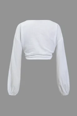 Basic Solid V-Neck Puff Sleeve Crop Top Two-Piece Set