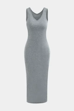 Basic V-neck Sleeveless Maxi Dress And Hooded Crop Sweatshirt Set