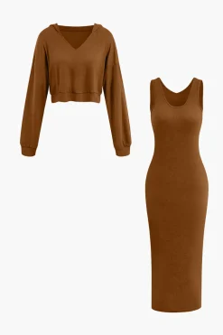Basic V-neck Sleeveless Maxi Dress And Hooded Crop Sweatshirt Set