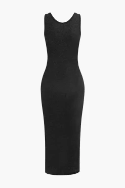 Basic V-neck Sleeveless Maxi Dress And Hooded Crop Sweatshirt Set