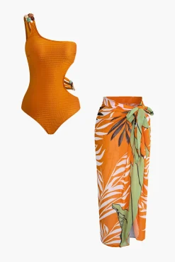 Bead Cut Out One Shoulder Swimsuit And Leaves Print Wrap Skirt Set