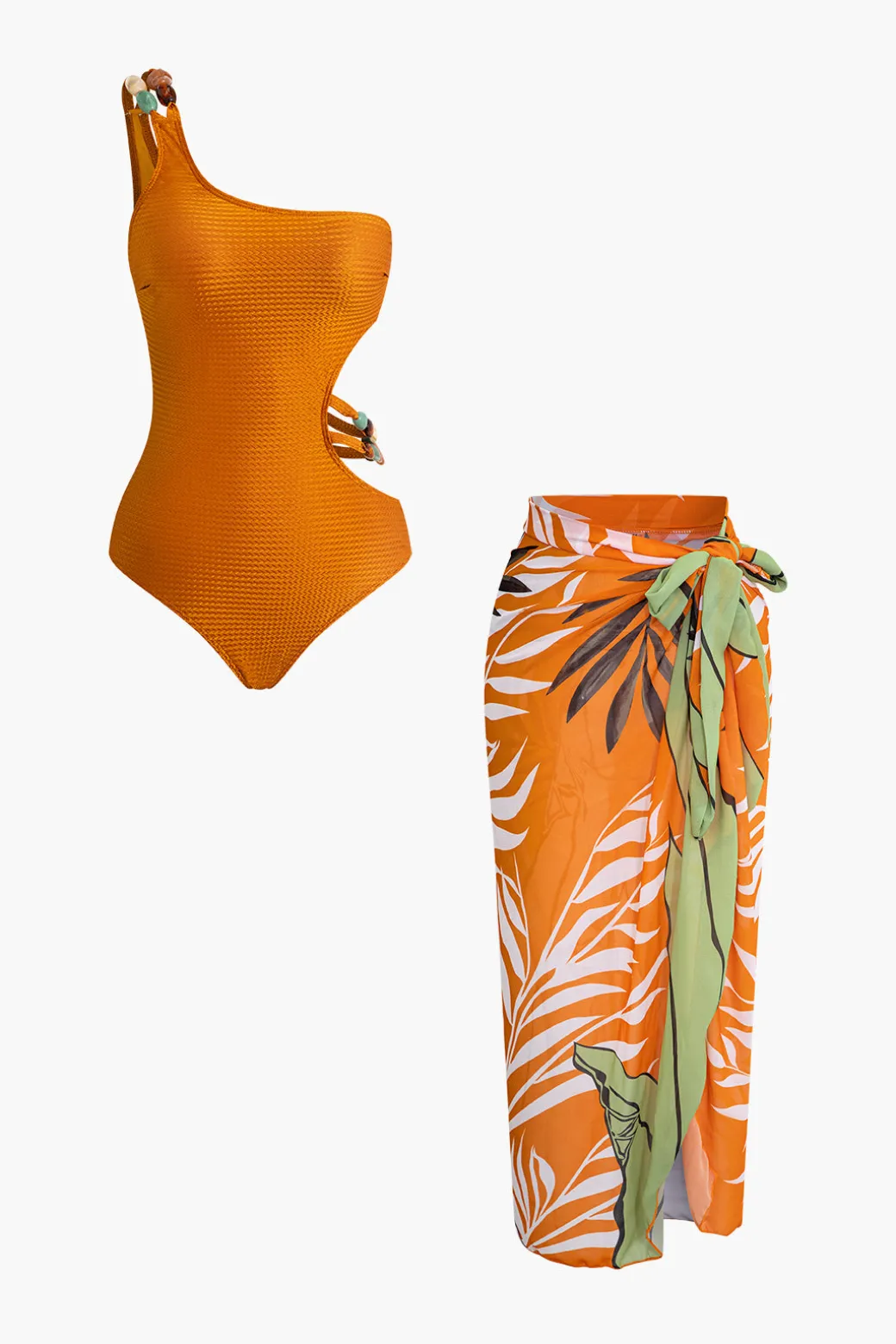 Bead Cut Out One Shoulder Swimsuit And Leaves Print Wrap Skirt Set
