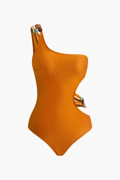 Bead Cut Out One Shoulder Swimsuit And Leaves Print Wrap Skirt Set