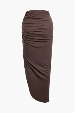 Bead Detail Cut Out Ruched Split Maxi Skirt