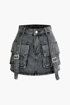 Belt Detail Flap Pocket Denim Mini Skirt