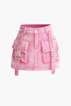 Belt Detail Flap Pocket Denim Mini Skirt