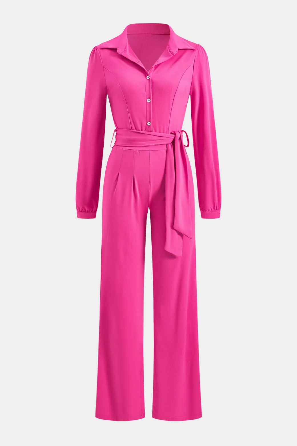 Belted Button Long Sleeve Jumpsuit