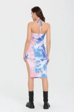 Blue Tie Dye Halter Neck Midi Dress