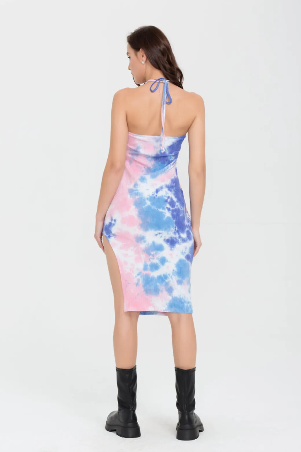 Blue Tie Dye Halter Neck Midi Dress
