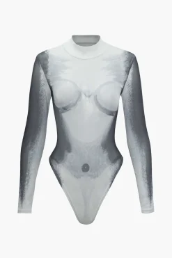 Body Print Mesh Long Sleeve Bodysuit