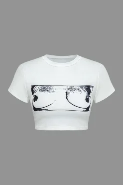 Body Print Round Neck Crop T-shirt
