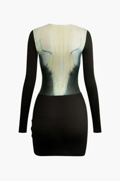 Body Print Round Neck Long Sleeve Ruched Mini Dress