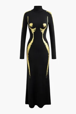 Body Print Turtle Neck Long Sleeve Maxi Dress