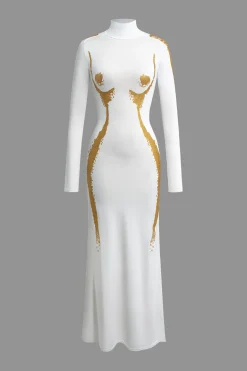 Body Print Turtle Neck Long Sleeve Maxi Dress