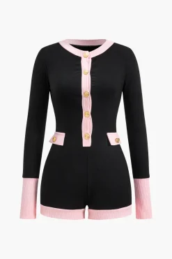 Botton Patchwork Long Sleeve Romper