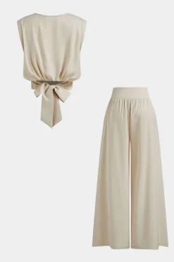 Bow Back Round Neck Short Sleeve Top And Wide Leg Pants Set