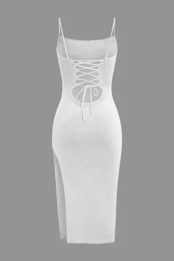 Braided Tie Slip Slit Knit Midi Dress